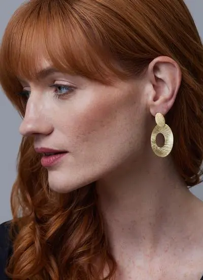 Red haired model wearing 22ct Gold Vermeil Big O Drop Earrings